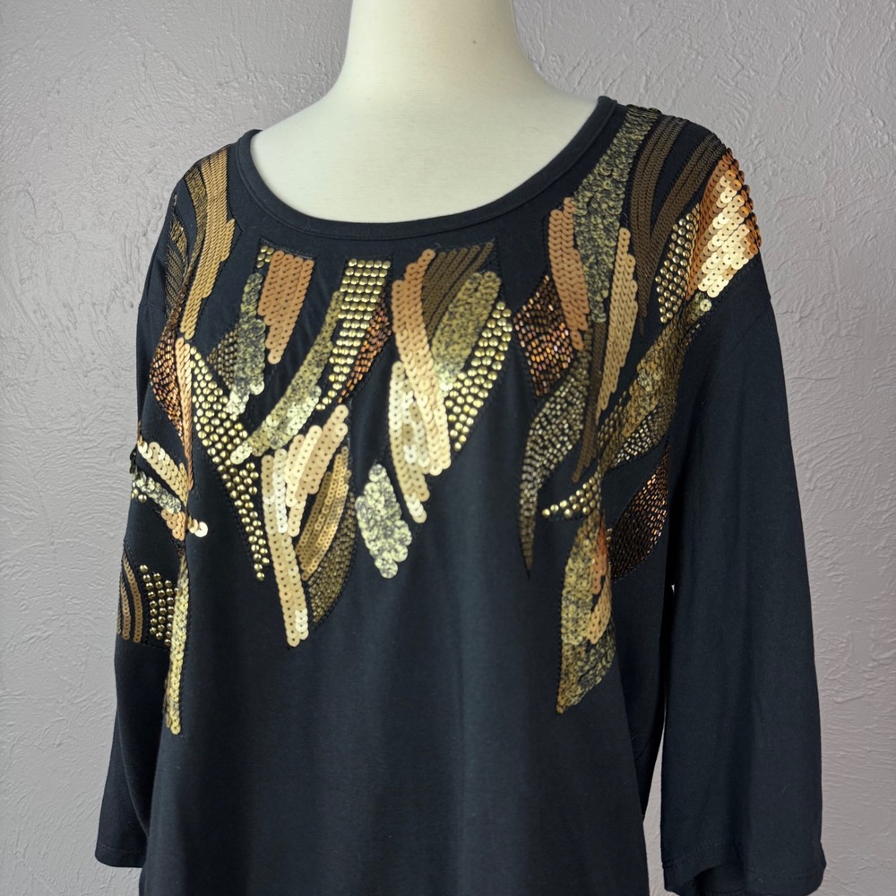 Women's Large 80s style gold sequin abstract, black top New Wave Club Wear